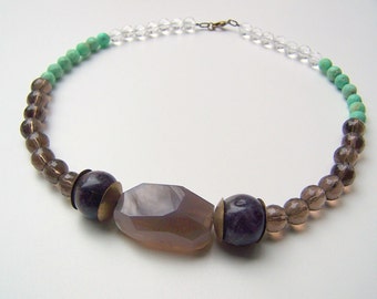 Beaded Gemstone Statement Necklace with Amethyst, Smoky Quartz, Chrysoprase, Quartz, and Faceted Chalcedony Nugget