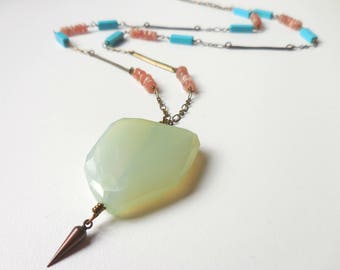 Boho Agate Necklace with Turquoise and Sunstone - Antique Brass - Long Necklace with Gemstones and Spike Charm