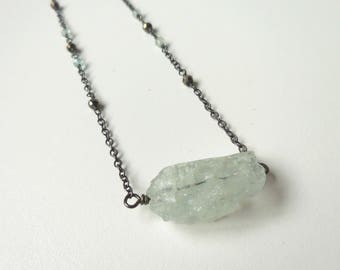 Rough Aquamarine Stone Necklace - Oxidized Sterling Silver Chain with Wire Wrapped Pyrite Necklace - Edgy - Boho - Sparkle