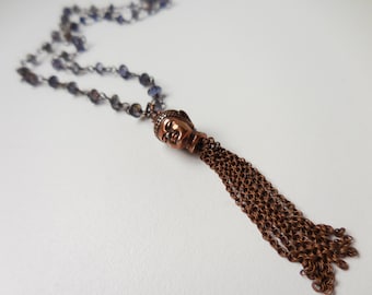 Buddha Necklace with Long Wire Wrapped Gemstone Chain in Oxidized Copper