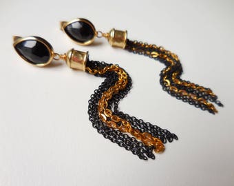 Mixed Metal Tassel Earrings - Black and Gold Chain Tassel and Teardrop Post Earrings