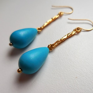 Rustic Gold and Turquoise Earrings with Distressed Metal Links - Blue Teardrop Earrings