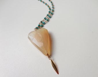 Long Wire Wrapped Turquoise Chain Necklace in Gold with Large Faceted Agate Pendant