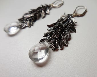 Falling Leaf Fringe Earrings with Faceted Glass Teardrops - Gunmetal Chain Earrings
