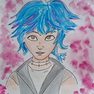 Puede incluir: Pintura acuarela de una persona con cabello azul, ojos marrones y una camisa gris claro. El fondo es una lavada de acuarela rosa.