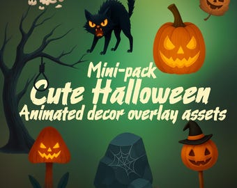 Peut inclure: Ensemble d'éléments décoratifs animés pour Halloween. L'image présente un chat noir, des citrouilles sculptées, un crâne, un arbre effrayant et d'autres éléments sur le thème d'Halloween. Le texte indique "Mini-pack Cute Halloween Animated decor overlay assets."