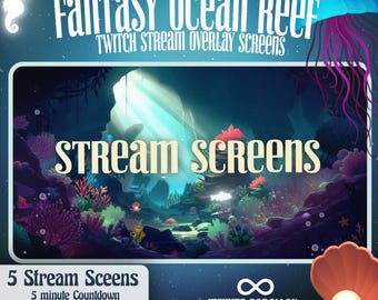 Può includere: Una grafica digitale per overlay di streaming Twitch. Il design presenta un tema di barriera corallina oceanica fantasy sottomarina con il testo "Fantasy Ocean Reef" e "Stream Screens". Include 5 scene di streaming e animazione a ciclo continuo di parallasse infinita.