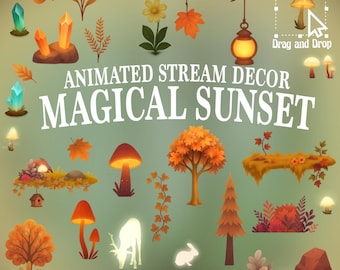 Superposition de Twitch Coucher de soleil magique Éléments de décoration animés Animaux à l'esprit lumineux, forêt fantastique en streaming | Vtuber et PNGTuber | Décor OBS