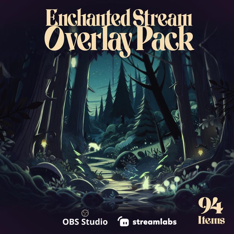 Enchanted Stream overlay pack with glowing animals in magical forest. Cozy VTuber and Twitch overlays with whimsical fantasy vibe, OBS Studio and Streamlabs compatible design.