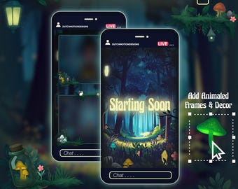 Forfait forêt enchantée avec superposition de flux vertical TikTok, cadre de webcam fantastique et décorations animées modulaires, éléments OBS Streamlabs 9 x 16
