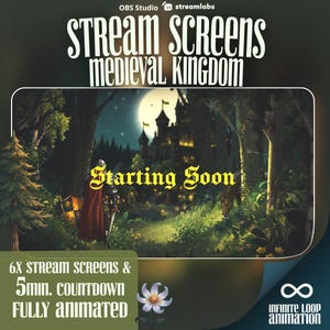 May include: A digital graphic for streaming, featuring a medieval castle scene under a full moon. Text includes "Stream Screens Medieval Kingdom" and "Starting Soon." Additional text promotes 6 stream screens and a 5-minute countdown, fully animated. A logo for Infinite Loop Animation is also present.