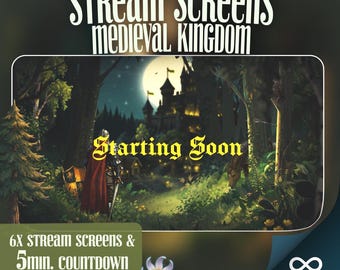Peut inclure: Graphique numérique pour le streaming, avec une scène de château médiéval sous la pleine lune. Le texte comprend "Stream Screens Medieval Kingdom" et "Starting Soon". Du texte supplémentaire promeut 6 écrans de streaming et un compte à rebours de 5 minutes, entièrement animé.