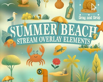 Animated Beach Stream Overlay, Tropical Summer Twitch Decoration, OBS Streamlabs VTuber Assets, Coastal Sea Creatures, Pastel DIY, Webm PNG