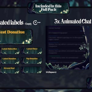 Whimsical enchanted forest animated labels and chatbox overlays. Glowing woodland design for Twitch, YouTube, Kick, and VTuber stream overlay pack, optimized for cozy fantasy streaming