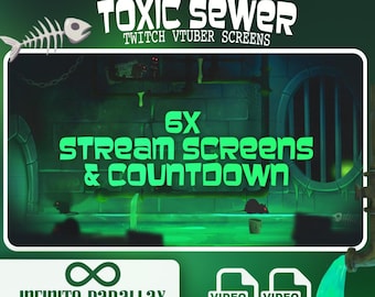 Peut inclure: Un ensemble graphique numérique intitulé TOXIC SEWER TWITCH VTUBER SCREENS comprenant 6X STREAM SCREENS & COUNTDOWN. Le design présente un fond d'égout vert avec des tuyaux, des rats et une arête de poisson. Inclut INFINITE PARALLAX LOOP ANIMATION en formats vidéo WEBM et MP4.