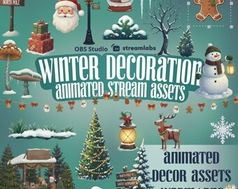 Décoration de flux Twitch Overlay Assets sur le thème de l'hiver, décoration de Noël et de neige en plein air pour Vtuber PNGtuber OBS Superpositions Streamlabs, bonhomme de neige