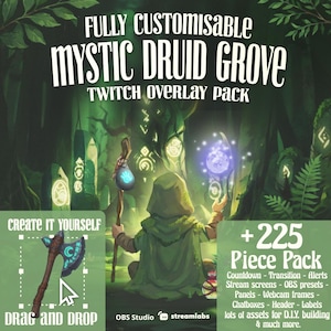 Animated twitch overlay package, Druid magic forest theme, Fantasy ancient rune steam assets,  OBS and Streamlabs, VTuber stream decoration