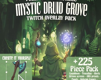 Pack d'overlays animés pour Twitch, thème forêt magique druidique, ressources Steam de runes anciennes fantastiques, OBS et Streamlabs, décoration de stream VTuber