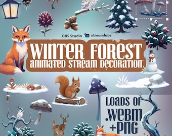 Peut inclure: Ensemble de décorations animées sur le thème de la forêt hivernale. L'image présente un renard, un hibou, un écureuil, des champignons, des pins et le texte "Winter Forest Animated Stream Decoration". Inclut des fichiers .WEBM et .PNG.