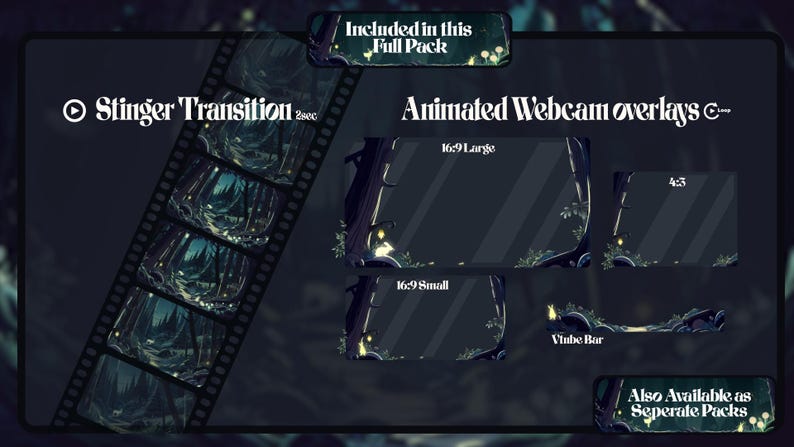Animated webcam overlays and forest stinger transition. Enchanted woods theme with glowing animals, whimsical magical stream overlay pack for Twitch, Kick, YouTube, and VTuber streaming.