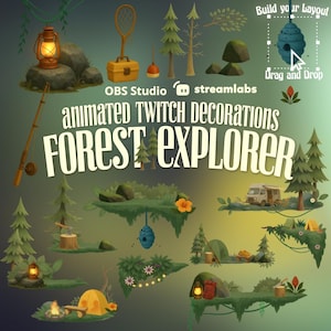 Paquete de elementos decorativos para streaming de Adventure Forest / Superposición de Twitch, decoración para streaming de Vtuber, decoraciones para campamentos en la naturaleza, OBS Streamlabs