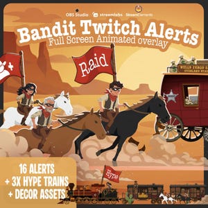 アニメーションカウボーイTwitchアラート、ウエスタンバンディットストリームパッケージ、ワイルドウェスト、OBSストリームラボ、新しいフォロワー、レイド、またはハイプトレインのアラート