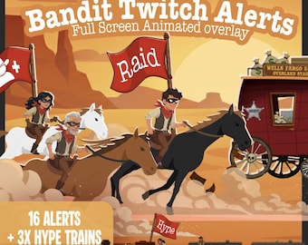 Alertes animées Cowboy Twitch, package Western Bandit Stream, Far West, OBS Streamlabs, alertes Nouvel abonné, raid ou train hype