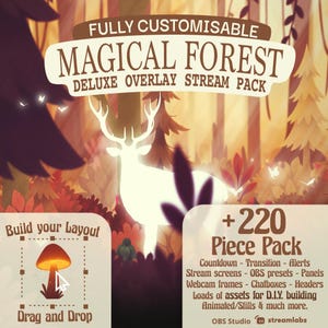 Magical Twitch Overlay Animated VTuber Assets OBS  whimsical forest Background Stream Overlay Glowing Animals Stream Panels and Alerts Pack