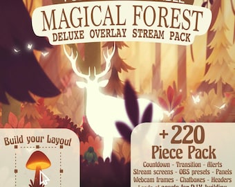 Peut inclure: Graphique d'art numérique pour un pack de flux Deluxe Overlay. Le design présente un cerf blanc dans un cadre de forêt magique avec le texte "Magical Forest" et "+220 Piece Pack". Comprend des éléments pour les écrans de flux, les alertes, etc.