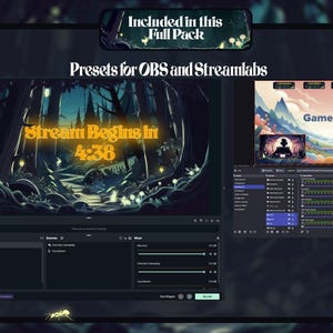 Easy setup OBS Studio and Streamlabs presets included. Enchanted forest Twitch overlay pack with magical glowing animals, animated transitions, panels, alerts, countdown screens for cozy streamers