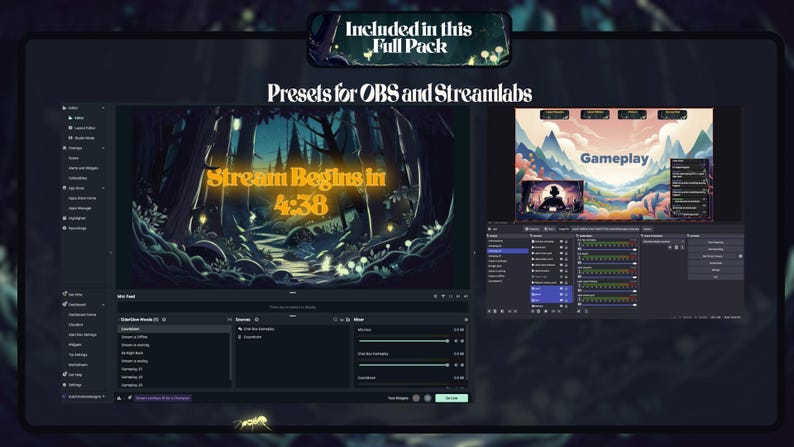 Easy setup OBS Studio and Streamlabs presets included. Enchanted forest Twitch overlay pack with magical glowing animals, animated transitions, panels, alerts, countdown screens for cozy streamers
