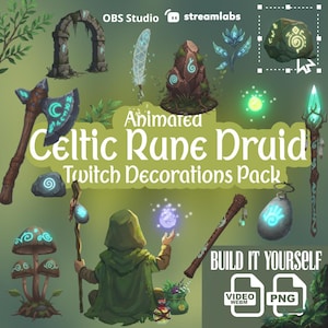 Op de afbeelding: Een verzameling geanimeerde Celtic Rune Druid Twitch-decoraties. De afbeelding toont fantasie-elementen zoals een bijl, staf, paddenstoelen en een figuur in een groene cape. De tekst "Animated Celtic Rune Druid Twitch Decorations Pack" is zichtbaar.