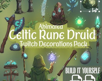 Peut inclure: Ensemble de décorations animées Celtic Rune Druid pour Twitch. L'image présente divers éléments fantastiques, dont une hache, un bâton, des champignons et une figurine en cape verte. Le texte "Animated Celtic Rune Druid Twitch Decorations Pack" est affiché.