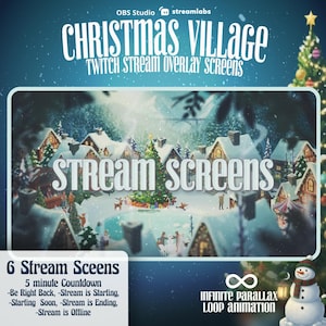 Puede incluir: Pantalla de superposición de transmisión de Twitch de Christmas Village. La imagen muestra una escena de pueblo nevado con un árbol de Navidad y un muñeco de nieve. El texto incluye "Christmas Village" y "Stream Screens".
