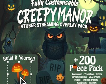 Peut inclure: Visuel numérique pour un pack d'overlay de streaming VTuber sur le thème d'Halloween. L'image présente un hibou, des citrouilles, des pierres tombales et le texte "CREEPY MANOR". Il annonce plus de 200 éléments pour la création DIY.