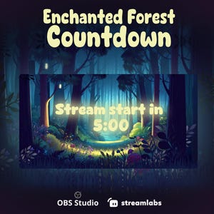 May include: A digital graphic featuring the words "Enchanted Forest Countdown" in a playful font. The image shows a forest scene with a path and the text "Stream start in 5:00". The OBS Studio and Streamlabs logos are at the bottom.