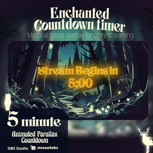 Animación de temporizador de 5 minutos de bosque encantado, fondo nocturno animado, Twitch OBS Streamlabs Kick, animales brillantes con paralaje, paisaje de VTuber
