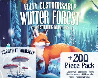 Peut inclure: Graphique d'art numérique pour un pack de superposition de streaming VTuber. L'image présente un renard dans une scène de forêt hivernale avec le texte "FULLY CUSTOMISABLE WINTER FOREST". Comprend plus de 200 pièces, des éléments glisser-déposer, et plus encore.