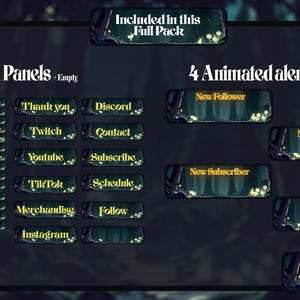 Animated Twitch overlay alerts and fantasy forest stream panels. Magical woodland design with glowing mystical vibe, OBS and Streamlabs compatible overlay pack for VTubers and cozy gamers
