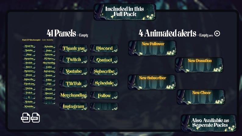 Animated Twitch overlay alerts and fantasy forest stream panels. Magical woodland design with glowing mystical vibe, OBS and Streamlabs compatible overlay pack for VTubers and cozy gamers