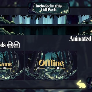 Fantasy enchanted forest animated header and channel cards for Twitch streamers. Cozy glowing animals, night woods vibe, OBS Studio and Streamlabs overlay pack for magical VTuber channels.