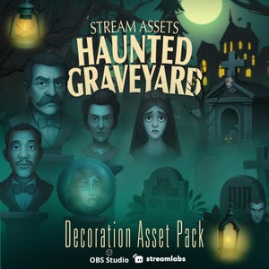 Könnte beinhalten: Eine digitale Illustration für ein "Haunted Graveyard" Dekorations-Asset-Paket. Das Bild zeigt stilisierte Porträts, Grabsteine und eine gruselige Friedhofsszene mit dem Text "Stream Assets" und "Decoration Asset Pack".