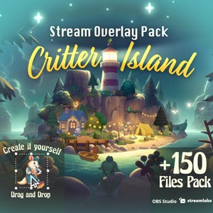 Lighthouse Island Twitch stream overlay package, Animated Streaming decoration bundle, Cute Vtuber Critter beach Assets for OBS, Streamlabs