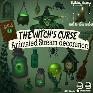 Op de afbeelding: Een verzameling geanimeerde Halloween-thema decoraties. Inclusief een heks, ketel, spreukenboek, drankflessen, spin, kraai, kristallen bol en een klok. De tekst luidt "The Witch's Curse Animated Stream decoration."