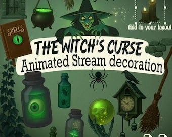 Peut inclure: Ensemble de décorations animées sur le thème d'Halloween. Comprend une sorcière, un chaudron, un livre de sorts, des flacons de potion, une araignée, un corbeau, une boule de cristal et une horloge. Le texte dit "The Witch's Curse Animated Stream decoration."
