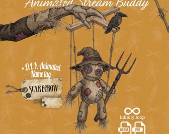 May include: An animated scarecrow puppet illustration with a hat, button eyes, and a pitchfork, suspended by strings from a wooden crossbar. Includes a tag labeled 'SCARECROW' and text reading 'Overlay Decoration Animated Stream Buddy'.