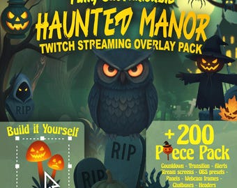 Twitch Overlay Package | Animated Halloween Night Stream Decorations Bundl | Gothic Graveyard for OBS Streamlabs Vtuber Assets. Owl pumpkins