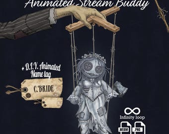 May include: An animated stream buddy overlay decoration featuring a puppet doll with button eyes, a floral crown, and a dress, suspended by strings from a wooden control bar held by a pinstriped arm. Includes a D.I.Y. name tag labeled C. BRIDE.