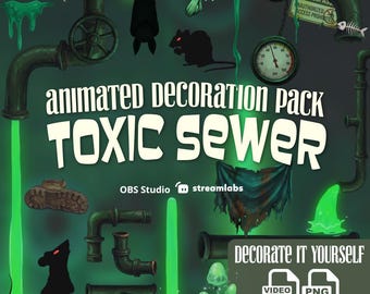 Peut inclure: Un pack d'actifs numériques intitulé Animated Decoration Pack Toxic Sewer comprenant des tuyaux verts, du slime brillant, des silhouettes de rats et d'une chauve-souris, des arêtes de poisson, un manomètre, un tissu en lambeaux et des champignons.