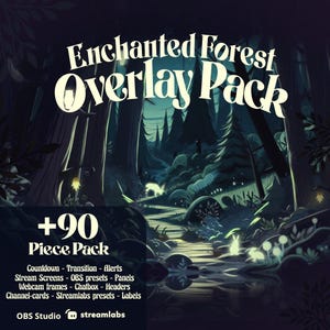 Enchanted forest stream overlay pack for Vtuber twitch overlay pack with glowing animals at night scene, panels screens OBS streamlabs.